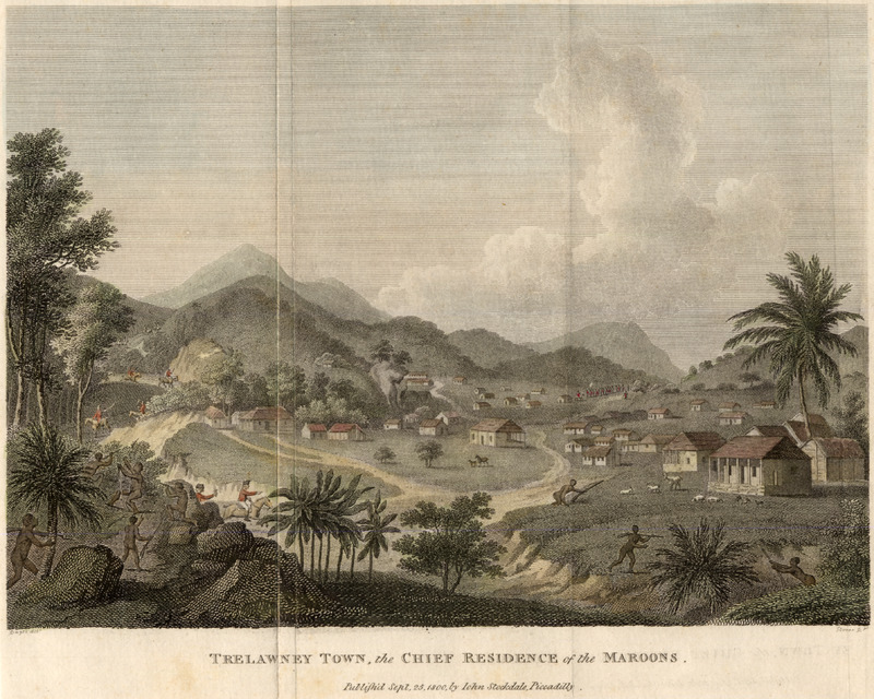 A drawing of Cudjoe's Town (known as Trelawney Town by the British), a community of escaped Africans in Jamaica.